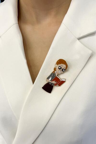 Modex Mineli Kitap Okuyan Öğretmen Kadın Broş (6cm)