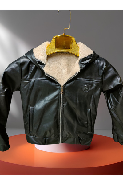 zeykid Erkek çocukları için içi kürklü kapüşonlu suni deri ceket