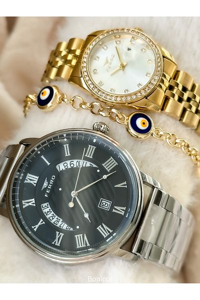 FERRO Brand, Steel Band, With Calendar, Waterproof, Yellow Color,Dear Wristwatches+Bracelet