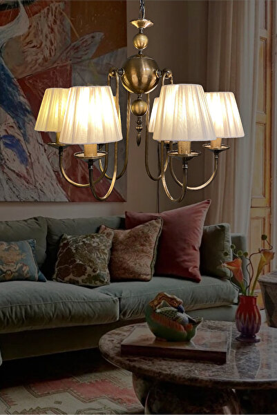 Fivorno Aydınlatma Ribbon Model Eskitme Renk Kaplamalı 6 Kollu Kumaş Başlıklı Avize