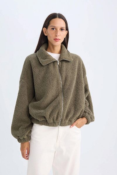 DeFacto Polo Neck Oversize Cardigan - Welsoft Plush, Zip C8229Ax24Wn