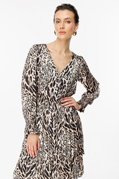 Ekol Beli Lastikli Leopar Desenli Elbise