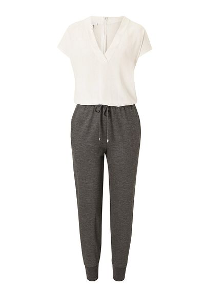 Escada Sport V-Neck Waist Tie Rubber Leg Short Sleeve Two Color Woolen Jumpsuit