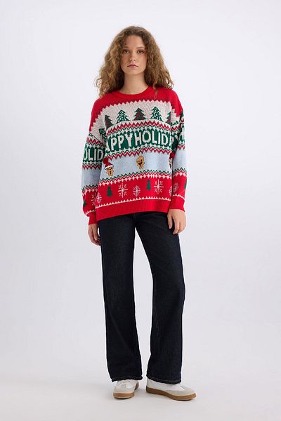 DeFacto Strickpullover mit Rundhalsausschnitt und Neujahrsmotiv D1116AX24CW