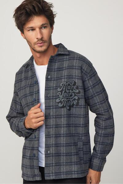 Tudors Relax Fit Uzun Kollu Kareli Baskılı Fleto Cep Salaş Kışlık Oduncu Gri-füme Erkek Gömlek