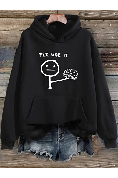 Prekarya design مطبوع سترة سوداء بغطاء للرأس قصة فضفاضة