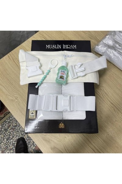 evla Set Ihram Premium, Ihram din țesătură de muselină și set de 5 piese Ihram pentru Umrah și Hajj