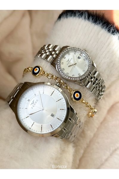 FERRO Brand Silver Color Steel Cord Lover Couple with Calendar Wristwatches+Bracelet