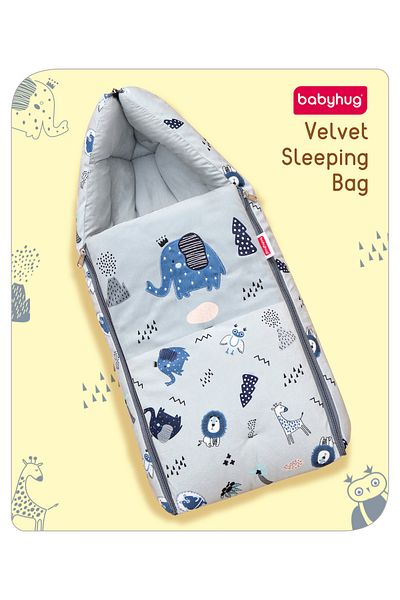 Babyhug Velvet Sleeping Bag Elephant Print - Grey