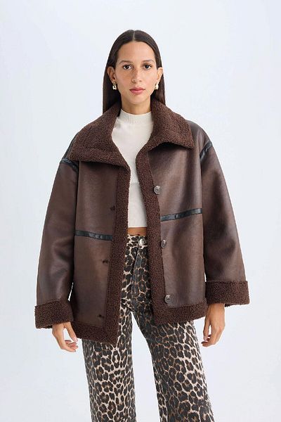 DeFacto Relaxed Fit Polo Neck Coat with Buttons and Pockets, Seasonal Plush Lining D3994Ax24Wn