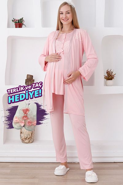 ERDENİZ TEKSTİL Buttoned Belted Pajamas Long Sleeve Maternity and Dressing Gown Suit Crown Gift