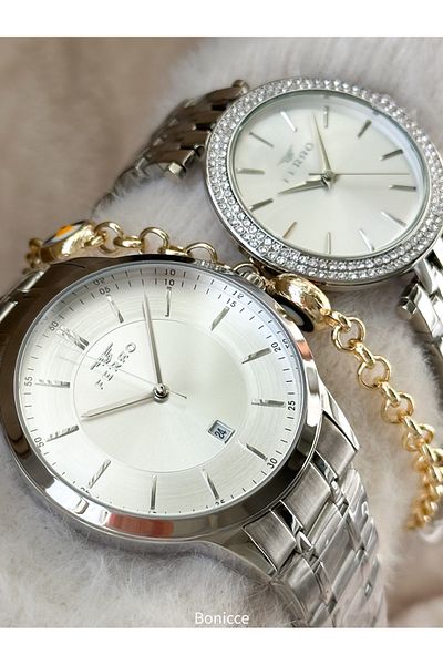 FERRO Brand Silver Color Steel Band with Calendar Lover Couple Watch+Bracelet
