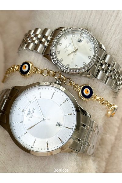 FERRO Brand Silver Color Steel Cord Lover Couple with Calendar Wristwatches+Bracelet