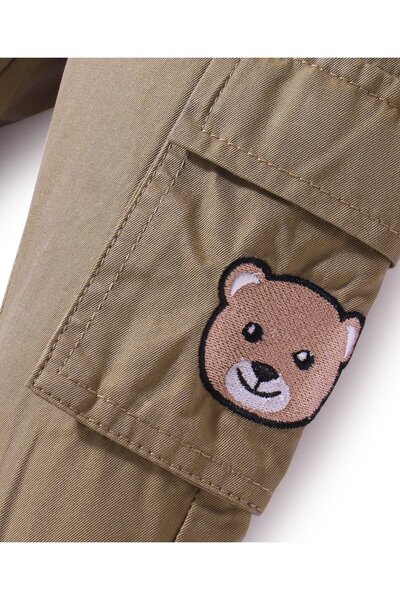 Bonfino 100% Cotton Woven Full Length Joggers With Bear Embroidery On Cargo Pockets - Beige