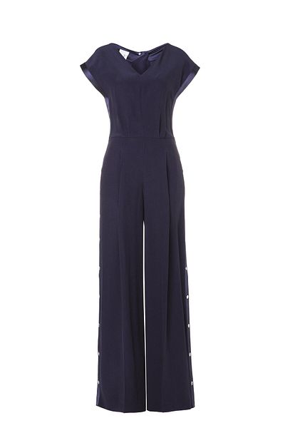 Escada Sport V-Neck Staple Detailed Low Sleeve Wide Leg Navy Blue Jumpsuit