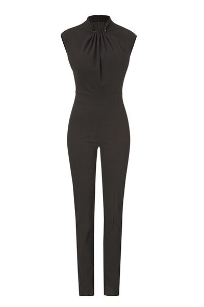 Escada Pleat Collar Sleeveless Skinny Leg Black Jumpsuit