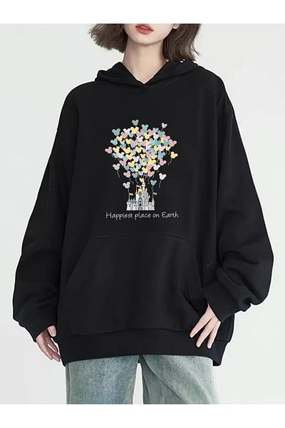 Pink Sky Oversize Hooded Black Sweatshirt - Printed Hoodie