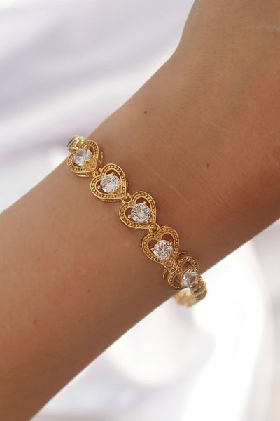 Skygo Brass Gold Zircon Stone Heart Patterned Bracelet - TJ-BB6140