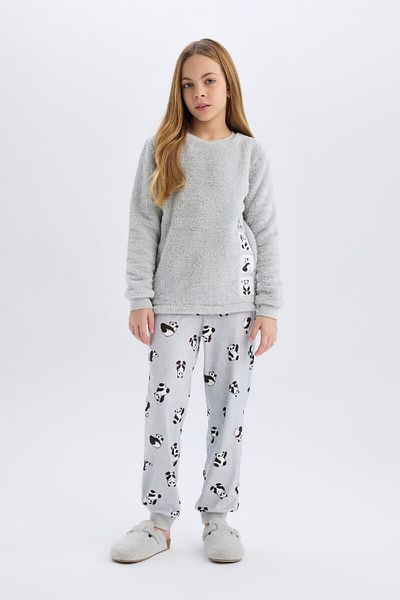 DeFacto Plüsch-Pyjama-Set für Mädchen, Rundhalsausschnitt, bedrucktes Langarm-Oberteil mit elastischem Bund, langes Unterteil B1487A824A