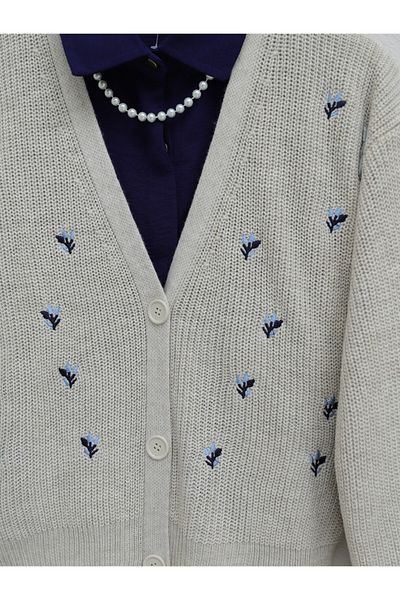 Modamorfo Three Button Embroidered Waist Cardigan - Stone