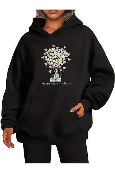 Pink Sky Oversize Hooded Black Sweatshirt - Printed Hoodie