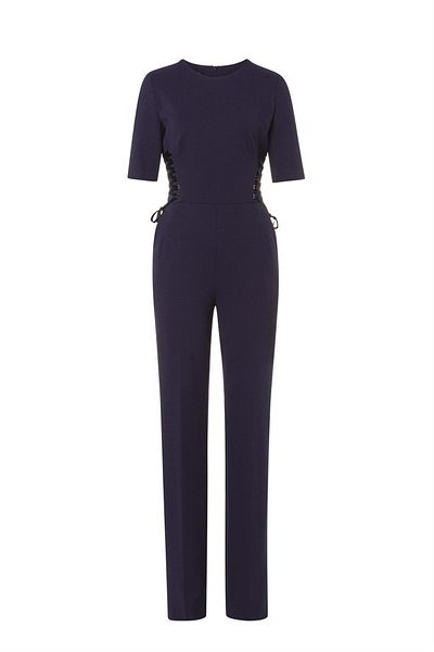 Escada Waist Lace Detailed Pocket Half Sleeve Navy Blue Jumpsuit