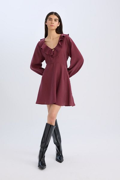 DeFacto Rochie mini cu decolteu în V, uni, modal, cu mâneci lungi E4213ax24wn