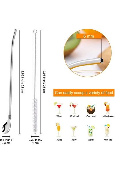 Tomurcukhome Set of 6 Stainless Chrome Straws - Latte, Cocktail and Cleaning Brush, 22 cm Round Model