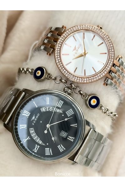 FERRO Brand Silver Color Steel Cord Lover Couple with Calendar Wristwatches+Bracelet
