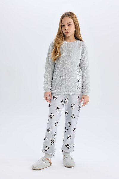 DeFacto Plüsch-Pyjama-Set für Mädchen, Rundhalsausschnitt, bedrucktes Langarm-Oberteil mit elastischem Bund, langes Unterteil B1487A824A