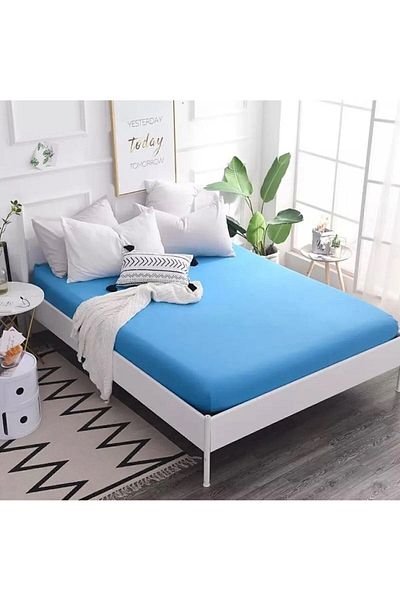 MODELHOME Cotton Towel Fabric Blue Colored Elastic Sheet (Single / Double / Large Size)