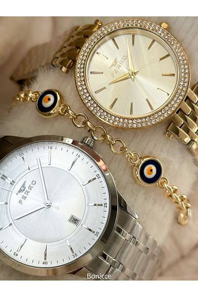 FERRO Brand Silver Yellow Color Steel Band with Calendar Lover Couple Watch+Bracelet