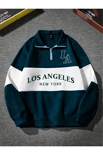 MARECASH Petrol Mavi Los Angeles Baskılı Oversize Parçalı Polo Yaka Fermuarlı...