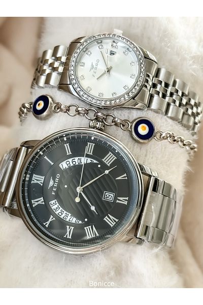 FERRO Brand, Steel Cord, with Calendar, Waterproof, Silver Color, Lover Wrist watches+Bracelet