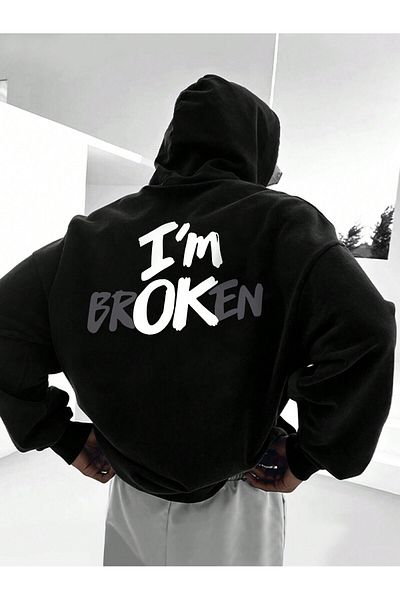 Pink Sky Είμαι εντάξει - I Broken Μαύρο φούτερ με κουκούλα Oversize Hoodie