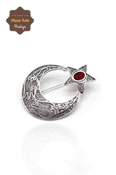 Midyat Nurtaş Gümüş Yakut Taşlı Ay yıldız Model Telkari Gümüş Kadın Broş 201023488