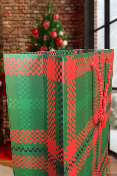 Balkan 2 Pieces Drawstring Cardboard Green Patterned Bag 36X25X9Cm Gusseted Bristol Christmas Gift