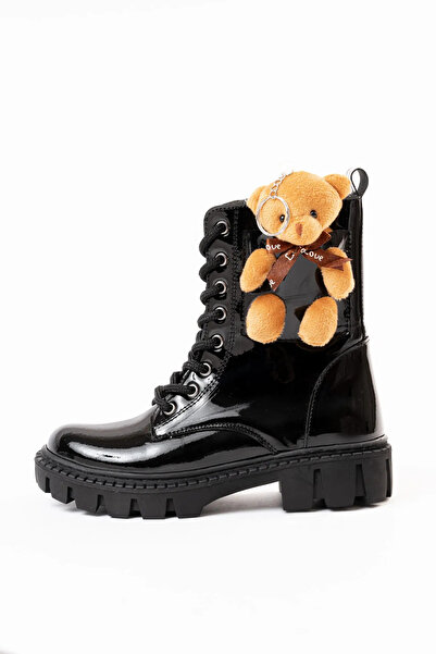 Zerenyus Ayıcık Kız Çocuk Anatomik Kalın Taban Ayıcık Aksesuarlı Bağcıklı Bot Siyah Rugan