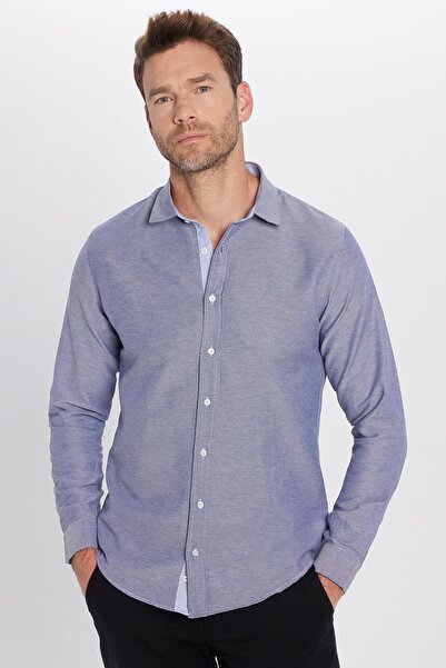 Tudors Ανδρικό μονόχρωμο μπλε πουκάμισο με λεπτή εφαρμογή, βαμβακερό γιακά με κουμπιά