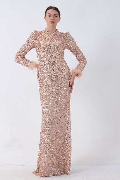 Feminist Sequined and Feather Detailed Hijab Evening Dress Beige 6502490