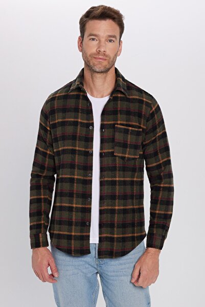 Tudors Erkek Slim Fit Dar Kesim Uzun Kollu Pamuklu Kareli Tek Cepli Kışlık Oduncu Gömlek