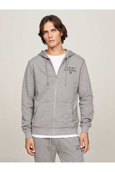 Tommy Hilfiger Erkek Göğüste Marka Logolu Ful Fermuarlı Kapüşonlu Gri Sweatshirt UM0UM02879 P4A