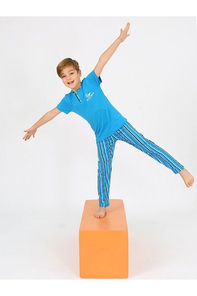 vitmo Set pijama cu mânecă scurtă cu model Wave albastru pentru băiat - 100% bumbac, detaliat cu nasturi, culoare petrol