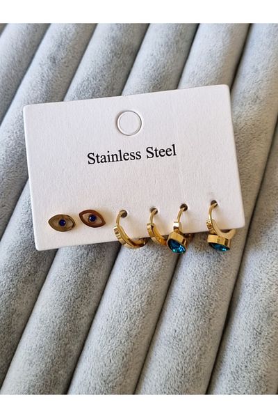 Brassito Women's Steel Earrings 6 Pcs Blue Stone Model Gold Color 316 L Sterling Steel Earrings