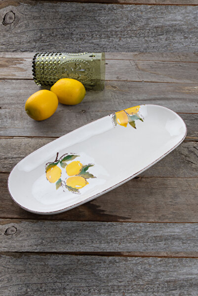 Bev Kitchen Limon Desen El Yapımı Organik Kayık Tabak 36 Cm