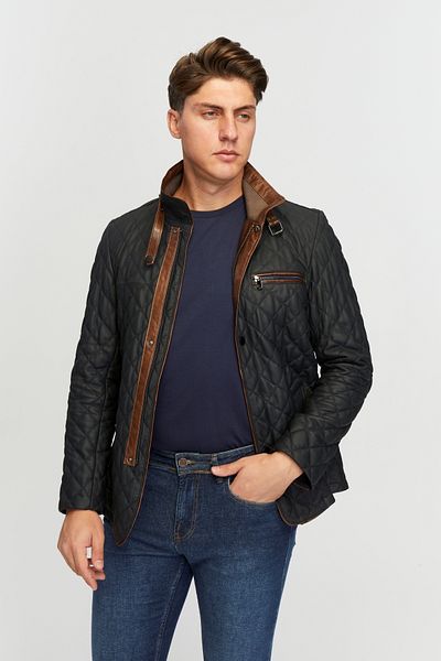 KENT Jan Men's Genuine Leather Navy Blue Taffeta Coat