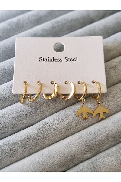 Brassito Women's Steel Earrings 6 Pcs Ring Model Gold Color 316 L Sterling Steel Earrings