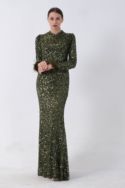 Feminist Khaki Hijab Evening Dress - Sequins and Feather Detail 6502490