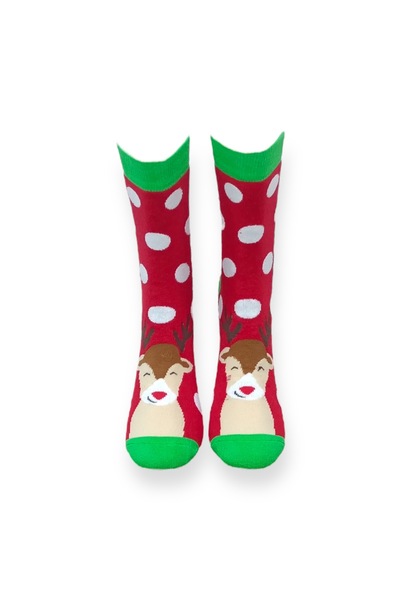 Mevo Single Red Color Unisex Flexible Moisturizing Cotton Christmas Deer Patterned Towel Socks