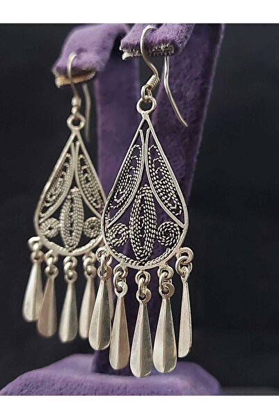 sarıyer silver Telkari Damla Modeli Saçaklı İşlemeli 925 Ayar Gümüş Sallantılı Küpe